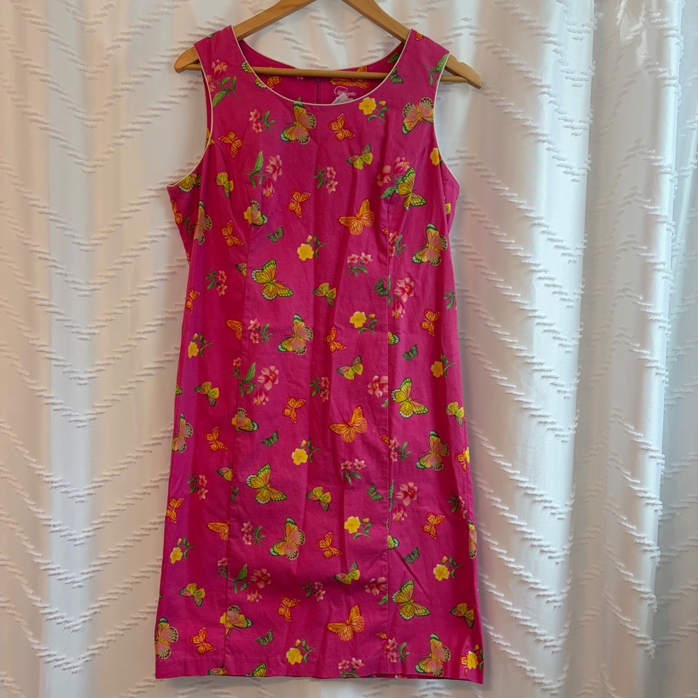 Pappagallo Pink Butterfly Floral Pique Shift Dress Womens 10 Sleeveless Preppy